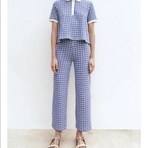 Zara Women's Blue and White Knit Stretch Trousers Geometric Print Wide Legs Crop